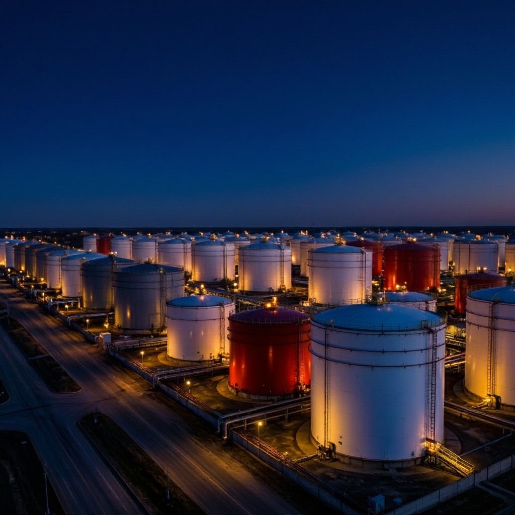 Освещённые резервуары нефтебазы в вечернее время